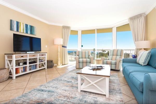 Gulf-view living room in a Silver Shells two-bedroom condo rental in Destin, Florida.