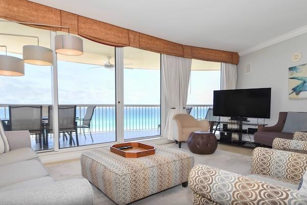 Living room with Gulf views and a furnished balcony at Silver Shells St. Maarten 803 condo rental in Destin.