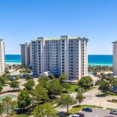 Silver Shells St. Croix tower overlooking the landscaped resort grounds and Gulf of Mexico in Destin, Florida.
